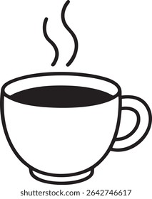 A minimalist black and white drawing depicts a steaming cup of coffee or tea, simple and clean design.