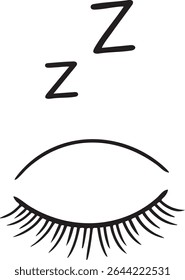 A minimalist black and white drawing depicts a closed eye with long lashes and two 'Z's floating above.