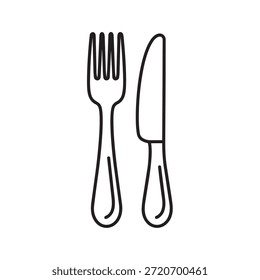 Desenho minimalista preto e branco de um garfo e faca, focando unicamente nos utensílios sem detalhes de fundo.