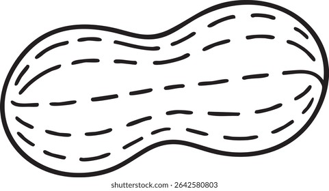 Um desenho minimalista preto e branco de um amendoim. O shell é contornado e as linhas tracejadas indicam textura.