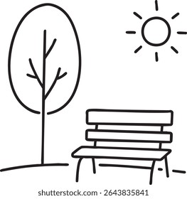 A minimalist black and white drawing showcases a park bench, a tree, and the sun, rendered in simple line art.