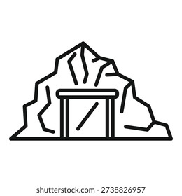 Minimalist black and white drawing of a simple cave entrance surrounded by rocks