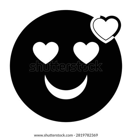 A minimalist black and white emoji icon featuring heart shaped eyes and an additional floating heart symbol above, representing love, affection, and positive mood.