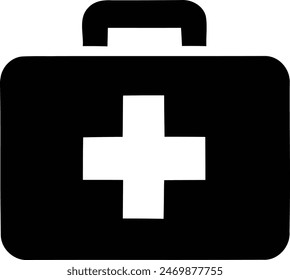 Kit de primeros auxilios en blanco y negro minimalista icono en ambulancia con símbolo de cruz.