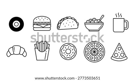 Minimalist black and white flat lay illustration featuring a variety of popular fast food items and snacks, ideal for marketing, advertising, dietary content, lifestyle blogs, and educational materials on food culture or nutrition.