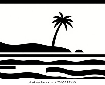 Minimalistischer schwarz-weißer flacher Vektor ruhiger Ozeanwellen, winzige Insel in der Mitte, eine Palme, feste Formen, saubere Umrisse, einzeln auf einfarbigem Weiß.