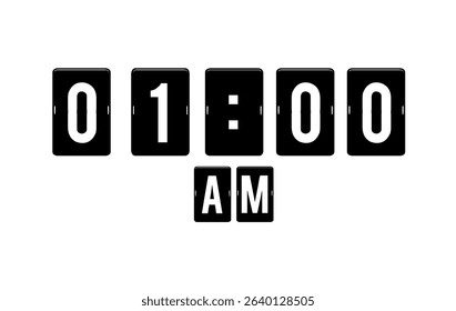 Minimalist black and white flip clock display showing 01:00 AM.