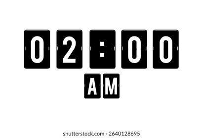 Minimalist black and white flip clock display showing 02:00 AM.
