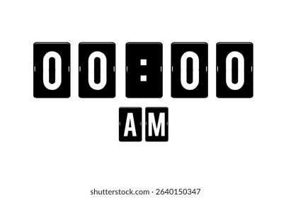 Minimalist black and white flip clock display showing 00:00 AM.