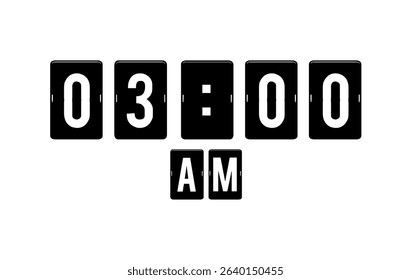 Minimalist black and white flip clock display showing 03:00 AM.