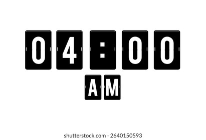 Minimalist black and white flip clock display showing 04:00 AM.