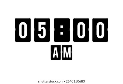 Minimalist black and white flip clock display showing 05:00 AM.