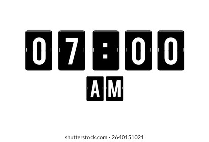 Minimalist black and white flip clock display showing 07:00 AM.