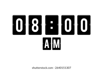 Minimalist black and white flip clock display showing 08:00 AM.