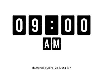 Minimalist black and white flip clock display showing 09:00 AM.