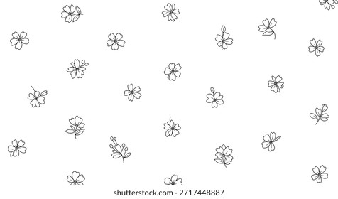 Patrón floral minimalista en blanco y negro con pequeñas flores dibujadas a mano dispersas en un fondo blanco limpio.