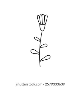 Minimalist Black and White Flower Line Drawing. Simple vector black and white line drawing of a delicate flower with a long stem and small leaves, ideal for coloring, tattoos or design elements