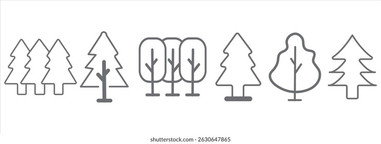 Minimalist Black And White Forest Tree Icons Set of 6 On White Background eps 10
