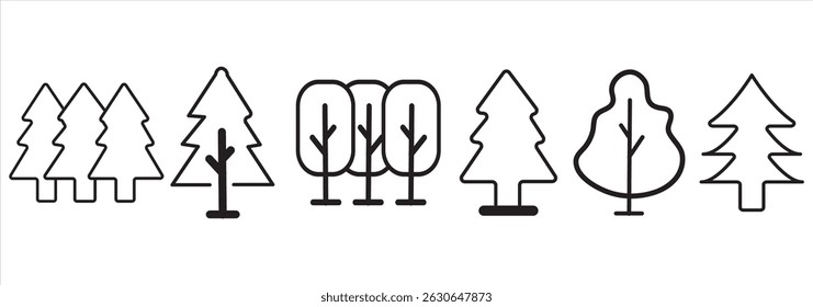 Minimalist Black And White Forest Tree Icons Set of 6 On White Background eps 10