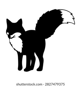 Minimalist black and white fox illustration emphasizing sleek lines and bushy tail, suitable for nature, wildlife, and outdoor design projects.