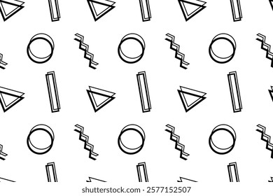 Minimalist black and white geometric pattern with abstract circles, triangles, rectangles, and zigzag lines.
