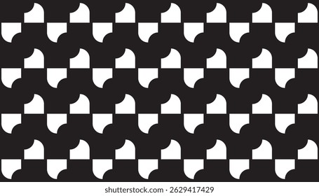 Padrão geométrico preto e branco minimalista com formas de quarteirão-círculo repetitivas organizadas em um layout estruturado e alternado