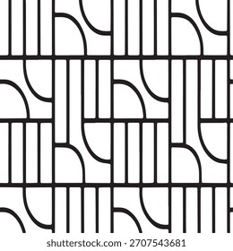 Un patrón geométrico minimalista en blanco y negro con Formas lineales audaces, bordes curvos y formas abstractas repetitivas. El diseño monocromo limpio crea un diseño moderno, estructurado y equilibrado.