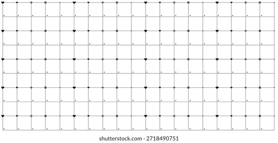 A minimalist black and white geometric pattern on a grid. Features repeating hearts, crosses, squares, and dots. Ideal for abstract backgrounds or technical diagrams.
