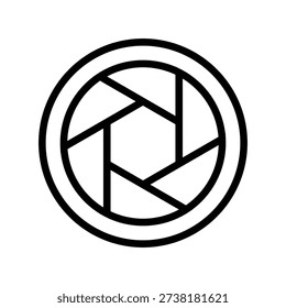 A minimalist black and white graphic of a camera aperture symbol representing photography and focus. Movie and Cinema Single Line Icon.