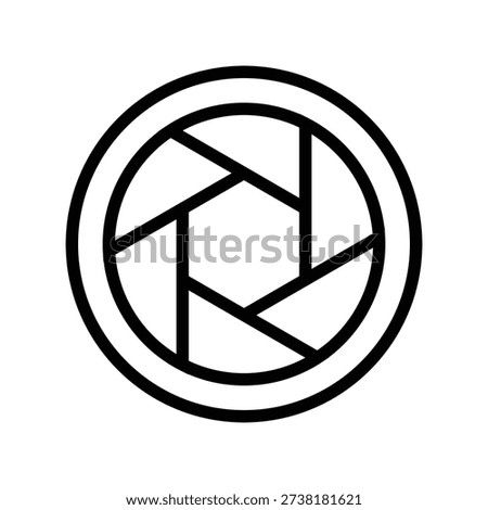 A minimalist black and white graphic of a camera aperture symbol representing photography and focus. Movie and Cinema Single Line Icon.