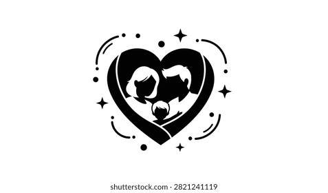 A minimalist black and white graphic design featuring a romantic couple embracing within a heart outline decorated with stars and celestial accents