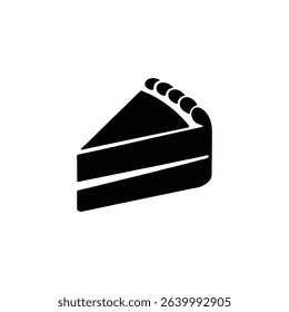 Minimalist black and white graphic displays a slice of layered cake, depicted in a triangle shape and topped with semi-circular designs for an elegant touch.