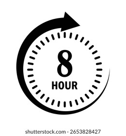 Um gráfico minimalista em preto e branco exibe o número oito e a palavra 'hora' dentro de um círculo segmentado. Uma seta curva completa o design circular, sugerindo uma duração ou um ciclo.