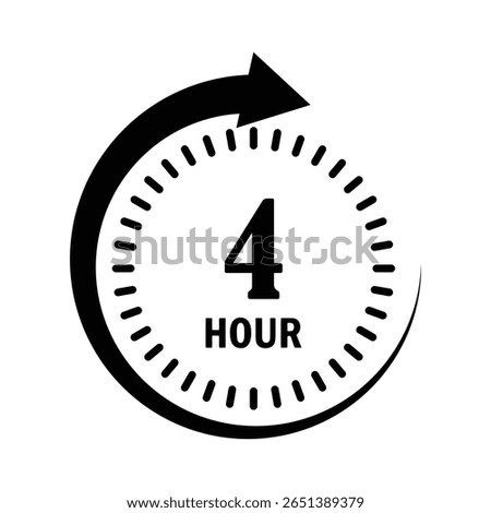 A minimalist black and white graphic features a circular dial with tick marks, the number four, and the word hour, enclosed by a curved arrow indicating a time limit.