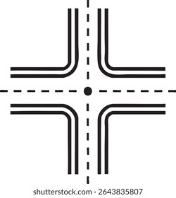 Um gráfico em preto e branco minimalista com linhas duplas e linhas tracejadas intersetadas, formando uma forma cruzada com um ponto central.
