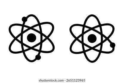 Um gráfico em preto e branco minimalista com dois símbolos de átomos estilizados. Cada átomo tem um núcleo central e elétrons em órbita representados como caminhos elípticos simples.