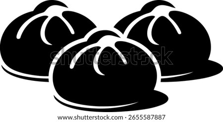A minimalist black and white graphic featuring three stylized dumplings or steamed buns arranged in a cluster.