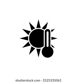 Ein minimalistisches schwarz-weißes Grafiksymbol, das eine Thermometerform in Kombination mit einem Sonnensymbol darstellt, das Wetter-, Temperatur- oder Umweltbedingungen darstellt.