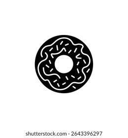 A minimalist black and white graphic illustration of a donut with frosting and sprinkles. The vector design shows a sugary treat ready for consumption.