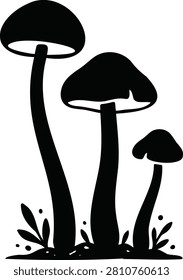 Minimalist black and white graphic illustration of three stylized mushrooms of different heights growing from the ground with small leaves at the base