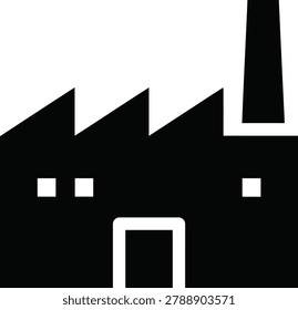A minimalist black and white graphic representation of an industrial factory plant with three roof peaks and a tall smoke stack chimney