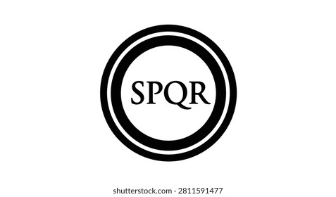 A minimalist black and white graphic representation of the classic Roman SPQR inscription enclosed within concentric circular rings