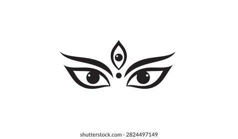 A minimalist black and white graphic representation featuring the iconic three eyes of the Hindu Goddess Durga isolated on a plain background
