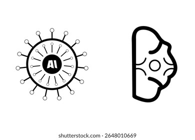 A minimalist black and white graphic representing artificial intelligence. On the left, a circular AI icon with radiating lines and circles. On the right, a stylized outline of a human brain.
