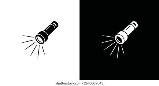A minimalist black and white graphic showcases two stylized flashlights emitting beams of light. One flashlight is black against a white background and vice versa.