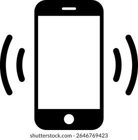 A minimalist black and white graphic shows a smartphone outline with a blank screen. Two sets of curved lines on either side indicate the device is vibrating or ringing.