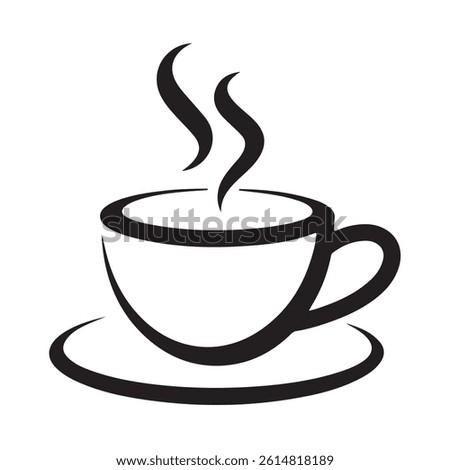 A minimalist, black and white graphic of a steaming coffee cup and saucer.