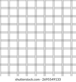 Um padrão de grade preto e branco minimalista com linhas de interseção limpas formando um design de verificação geométrica sem costura. Perfeito para impressões têxteis, papéis de parede, embalagens e fundos digitais.