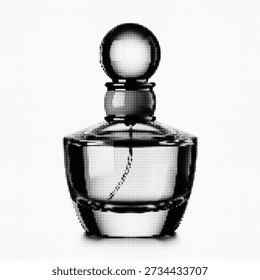 Minimalistische Schwarz-Weiß-Rasterpunktdarstellung einer luxuriösen Parfümflasche, eleganter Duftspritzer im klassischen Pop Art Grafikstil für Beauty-Design.