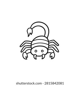 A minimalist black and white hand drawn sketch of a cute cartoon scorpion with pincers and a curled tail